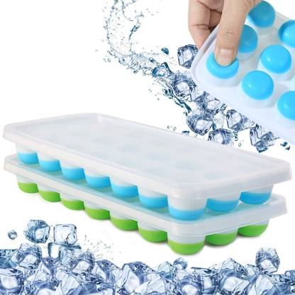 TrendyKArt 21 Cavity Pop Up Ice Cube Tray for Freezer with Lid with Easy Release Flexible Multicolor Silicone, Plastic Ice Cube Tray