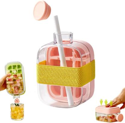 Velmora Silicone Ice Cube Maker Bottle with Straw, 2 in 1 Ice Cube Mold 500ml Pink Silicone Ice Cube Tray