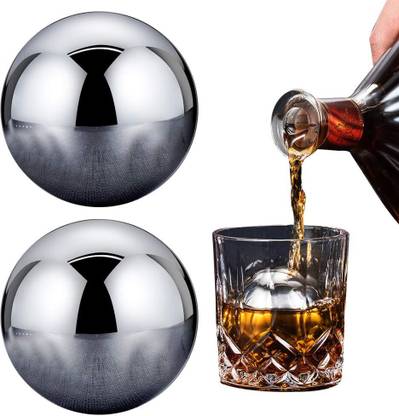 VATTU 2 Pcs Large Round Whiskey Stones Reusable Spherical Stainless Steel Golf Ball Silver Steel Ice Ball Tray