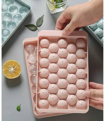 FLYUP Ice Cube Tray with Lid Ice Ball Maker Circle Ice Cube Mold,Easy Release BPA Free Orange Plastic Ice Ball Tray
