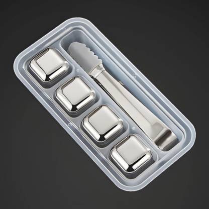 SYGA 4 Stainless Steel Whiskey Stones Ice Cubes with Tongs & Container, Silver Plastic, Silicone Ice Cube Tray