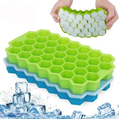 Gloziy ®Eco-Friendly Silicone Honeycomb Shape 37 Cavity Ice Cube Trays With Lid Cover. Green Silicone Ice Cube Tray