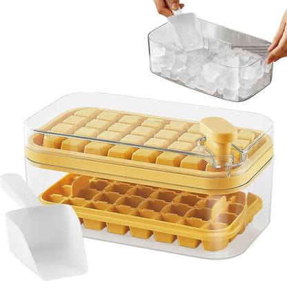 Vibgyor Products 2 Layer Ice Cube Tray with Lid and Bin, Square Ice Cubes Molds with Ice Scoop Multicolor, Yellow Silicone Ice Cube Tray