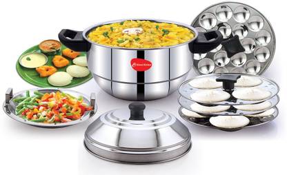 MAHAVIR Stainless Steel Multi Kadai 3pc Idli Plate,1 Steamer Plate, 1 Mini Idli plate Induction & Standard Idli Maker