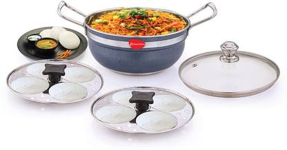 MAHAVIR Stainless Steel Idli Cooker Multi Kadai With Glass Lid Induction & Standard Idli Maker