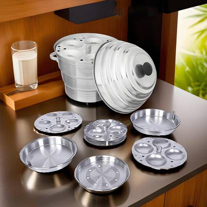 KUBER INDUSTRIES ExclusiveAluminium Idli Maker Cooker with 4 Plates+ 3 Plates Steamers (2 Dhokla Plate + 1 Patra Plate), 9.5 Diameter KUBMART2151 Induction & Standard Idli Maker