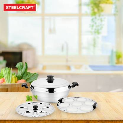 Steel Craft Premium 4 pcs Multi Kadai with Lid,(All Big) (Induction and Gas Stove Friendly) Induction & Standard Idli Maker
