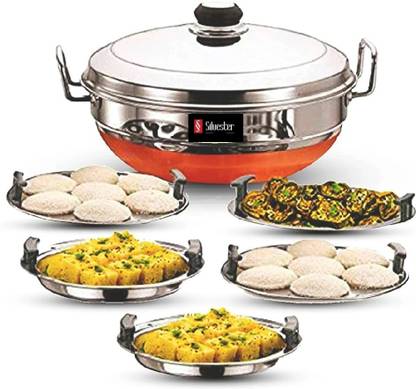 Silvester Kitchen King Stainless Steel Idli Cooker Multi Kadai Steamer with Copper Bottom All-in-One Big Size 5 Plate 2 Idli | 2 Dhokla | 1 Patra | Momo's | 3 in 1 | (Copper Bottom) Standard Idli Maker
