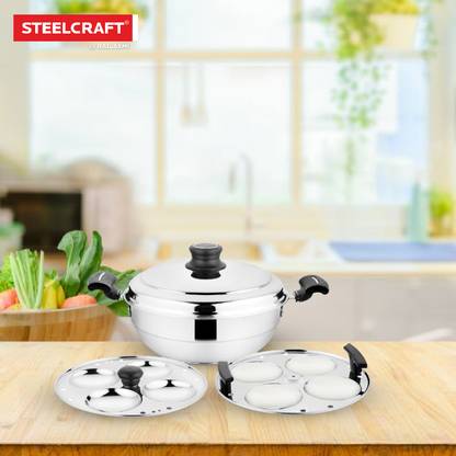 Steel Craft Premium 4 pcs Multi Kadai with Lid All Medium) -(Induction / Gas Stove Friendly) Induction & Standard Idli Maker