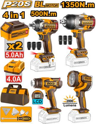 INGCO Cordless 4 pcs combo-Impact wrench 1350nm+ 500nm + heat gun + LED light Cordless Impact Wrench