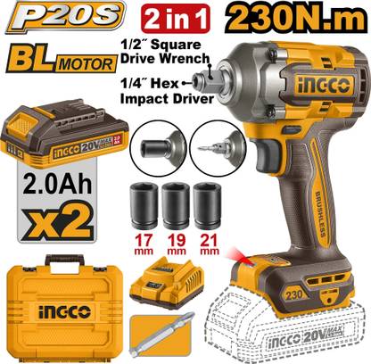 INGCO 2-IN-1 Cordless Impact Driver & Wrench, 3-Speed, with 2pcs Batteries, a Charger, Cordless Impact Wrench