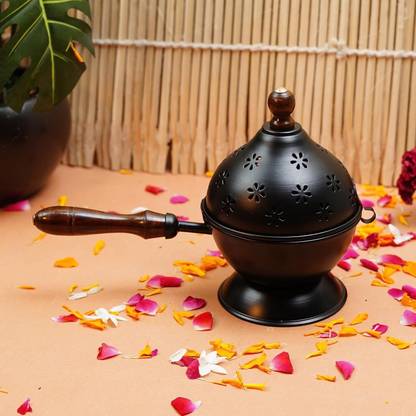 Samy Collectibles Curated With love Metal Dhoop Dani Loban Burner for Home Office Temple Puja(Round) Iron, Wooden Incense Holder