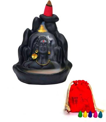 TiNOT Lord Shiva Smoke Fountain Backflow with 30 Incense Cones, Shiv Mahdev Murti Idol Polyresin Incense Holder Set