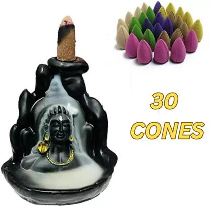 AROHI ENTERPRISES Combo pack of Shiv Adi yogi Fountain Smoke Backflow with 30 Cone Polyresin Incense Holder