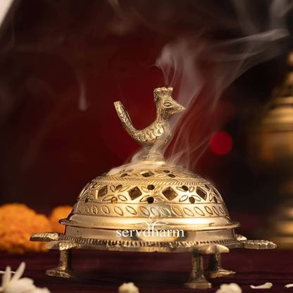 ServDharm Brass Incense Burner Tortoise Peacock Loban dhoop Dani Burner for Home Office Brass Incense Holder