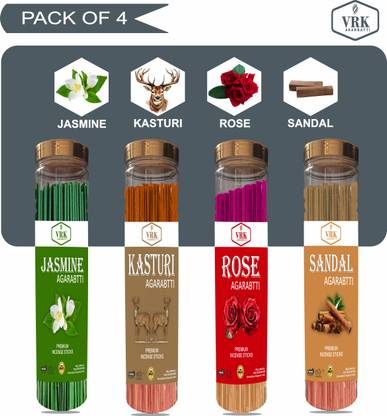VRK AGARBATTI Multi Fregrances Combo Pack For Home / Office Pooja Agarbatti. No Charcoal Jasmine,Rose,Kasturi,Sandal (400 Gm)