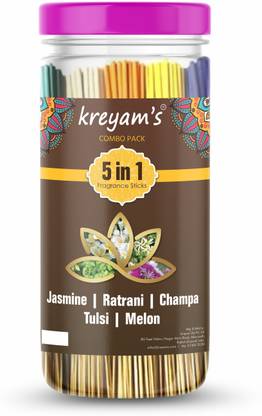 Kreyam's Agarbatti Combo Pack 5 in 1 Incense sticks Jasmine, Ratrani, Champa, Tulsi, Melon 225 Sticks For Pooja Items
