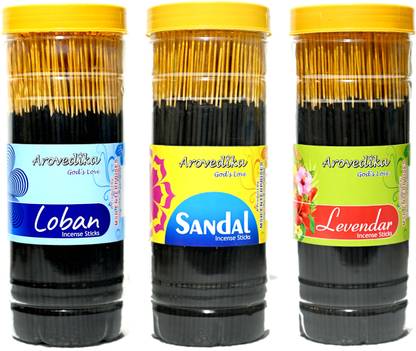 Arovedika LOBAN 1 SANDAL 1 LAVENDER 1 BOX BLACK INCENSE (PACK OF 450GM PER BOX)TOTAL 1.3KG LOBAN, SANDAL, LAVENDER