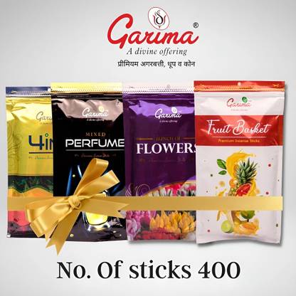 Garima UTLRA PREMIUM ZIPPER POUCH INCENSE STICKS FRUIT BASKET, BUNCH OF FLOWER, MIXED PERFUME, 4 IN 1, PACK OF 4