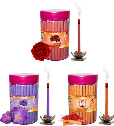 शंख Rose, Lavender & Kesar Chandan Dhoop Stick (Incense Stick) Pack of 300 gram (100 + 100 + 100) Fragrances अगरबत्ती