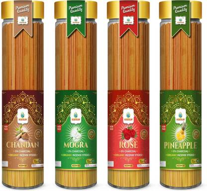 GODSUN Chandan, Mogra, Rose, Pineapple Agarbatti Jar (4×100)400gm. No Charcoal Incense 4 Different fragrances