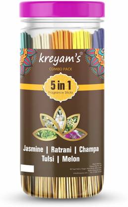 Kreyam's Agarbatti Combo Pack 5 in 1 Incense sticks Jasmine, Ratrani, Champa, Tulsi, Melon 225 Sticks For Pooja Items
