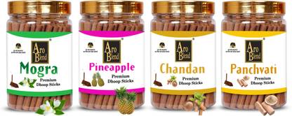 Aroblend PREMIUM MOGRA, CHANDAN, PINEAPPLE & PANCHVATI INCENSE DRY DHOOP STICKS (100GMS×4) 400 GRAM JAR | MOGRA, CHANDAN, PINEAPPLE & PANCHVATI