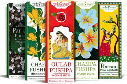 Vedic Vaani Floral Natural Incense for Freshness, Happy Vibes Chafa Pushpa, Gulab Pushpa, Champa Pushpa, Ratrani Phool, Parijat Phool