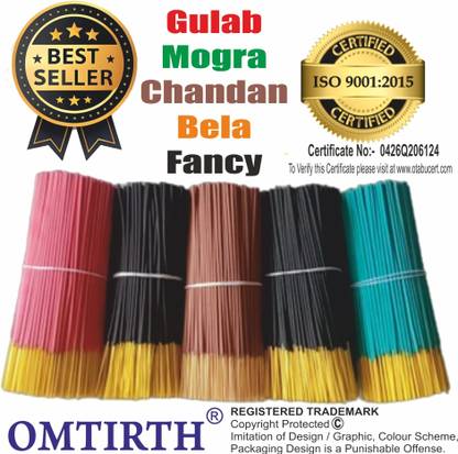 Omtirth INCENSESTICK COMBO SET OF 5 400gm Fragrance: SHAHI GULAB,GREEN MOGRA,DEV CHNADAN,RAJNIGANDHA,FANCY