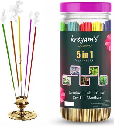 Kreyam's Nature smells Incense Stick For Puja Meditation And Negative Energy remover Agarbatti Jasmin, Tulsi, Gugal, Kevda, Manthan Pooja Items