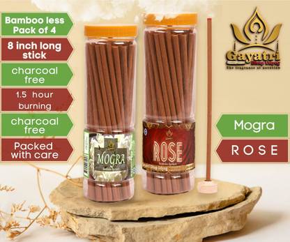 Aadishaktigayatri Combo Pack of Mogra and Rose (4 jar of 250 gm each) Bamboo less dhoop agarbatti Jasmine & Gulab Dhupbatti 8 inch stick 1.5 hr burning highly sented