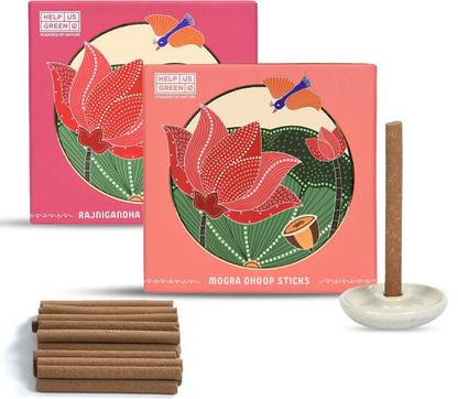 Help us Green Ecofriendly Devotional Yoga Pack Mood Elevating & Warming Fragrances Bamboo & Charcoal Free Incense Sticks (Rajnigandha & Mogra Fragrance, 50 Incense Sticks Stick, Combo Pack of 2) Rajnigandha & Mogra