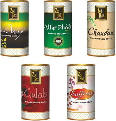 Zed Black Premium Incense Sticks Tin Deep Chandan , Deep Gulab , Arij , Attar Phool & Saffron Natural Dhoop Batti
