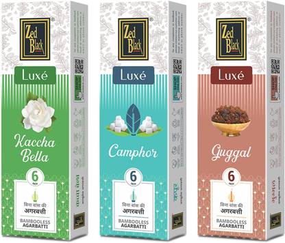 Zed Black Luxe Bambooless Incense Stick Kachha Bella, Camphor, Guggal (Pack of 3) Fragrance - Kachha Bella, Camphor, Guggal