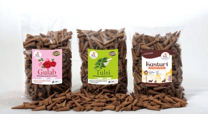 MkAgarbatti Organic Dhoop Cones Herbal with Incense Stand Charcoal Free 300GM GULAB, TULSI, KASTURI