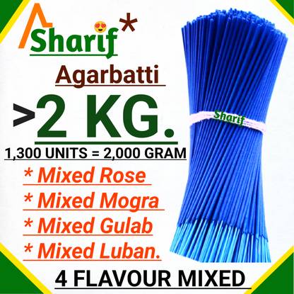 Sharif Agarbatti Green Colour 2 KG Agarbathi with 4 Flavour Mixed 2,000 Grams GULAB, Mogra, Rose, LOBAN