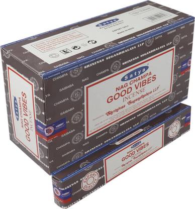 Satya Nag Champa Good Vibes Incense Sticks / Agarbatti 180 Grams Box (12 Packs of 15 Grams Each) and wooden stand Good Vibes