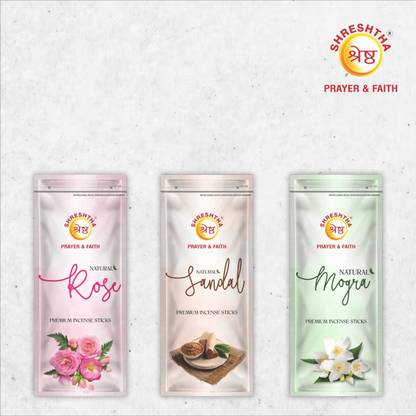 SHRESHTHA Premium Natural Rose Sandal Mogra Incense Sticks Agarbatti (110gmsX3)330gms Rose, Sandalwood, Mogra