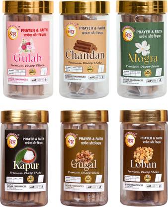 SHRESHTHA PREMIUM 6 IN 1 EXOTIC DRY DHOOP INCENSE STICKS AGARBATTI (100GMS X 6) 600GRAMS GULAB, CHANDAN / SANDAL, MOGRA, KAPUR / CAMPHOR, GUGAL, LOBAN