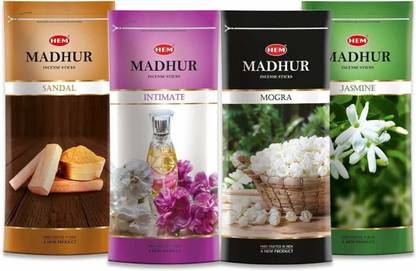 Hem Madhur Incense Sticks | Pooja Room Items for Aromatic Environment Jasmine, Mogra, Sandal, Intimate, Combo Fragrance Pack (135 GMS Each)