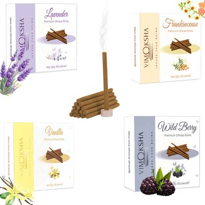 Vimoksha Premium Dhoop Sticks Pack of 4 (60 units each) International Fragrance- Frankincense, Lavender, Vanilla, Wild Berry