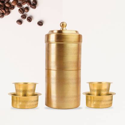 THANGAM Brass Coffee Filter 280ml with 2 MAT Dabara Sets 150ml | Traditional Design Set Indian Coffee Filter