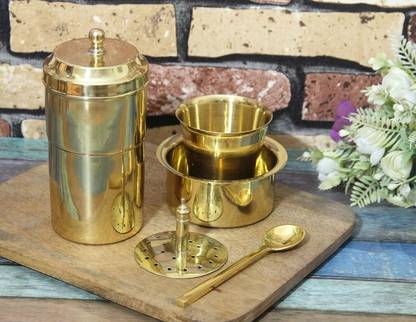 Puri Brass South Indian Coffee Filter with DABARA Set and 1 Small Spoon - Glossy Finish Indian Coffee Filter