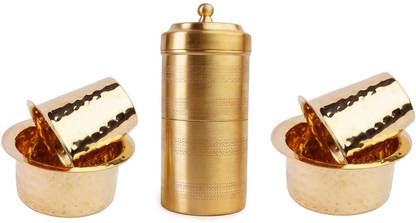 THANGAM Brass Coffee Filter 280ml with 2 Dabara Sets 150ml | Hammered Design Indian Coffee Filter