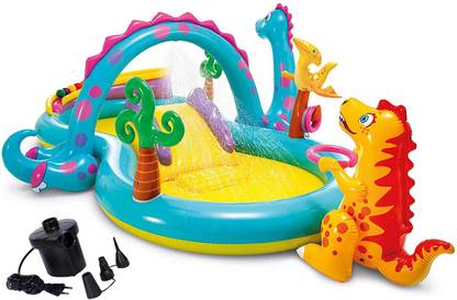 AADGEX Intex 11' x 7.5' x 44" Dinoland Play Center Kiddie Swimming Pool w/air Pump Inflatable Swimming Pool