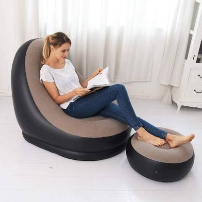 EBOFAB Inflatable Deluxe Lounge Lounger Chair & Foot Stool with Soft Plush Fabric PVC 2 Seater Inflatable Sofa
