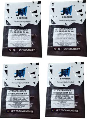 JET TONER TN360 / TN 2130 / TN 2150 / TN RIC 1200 / TN RIC 1210 Toner Powder ( Pack of 4 ) compatible For Use In HL-2140 / 2150N / 2170W / Brother DCP-7030/ 7040/ 7045 series, MFC-7320/ 7320R/ 7340/ 7440N/ 7440NR/ 7840W/ 7840WR/ Ricoh sp1200s/ 1200SU/ 1200SF/ 1210 Printers ( 100gms Each ) Black Ink Toner Powder