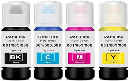 Gedi 001/003/008 Refill Ink for Epson L3110, L3150, L3210, L3215 Printer 4 Pieces Black + Tri Color Combo Pack Ink Bottle