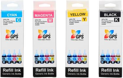 GPS Colour Your Dreams Compatible GI 790 Refill Ink for Canon G Series Printers G4000 ,G3000, G2000, G2000 4 Bottles GI790 Multi Color Ink Bottle (Magenta, Cyan, Black, Yellow) Black + Tri Color Combo Pack Ink Bottle