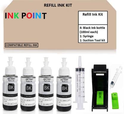 PRINTIFY REFILL KIT FOR HP 802 BLACK 4 Refill ink bottle_With 1 Syringe 1& 1Suction Tool Black Ink Bottle